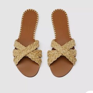 ZARA Slide Sandals NATURAL RAFFIA Flats BRAIDED CROSS STRAP Shoe 39 3628/001
